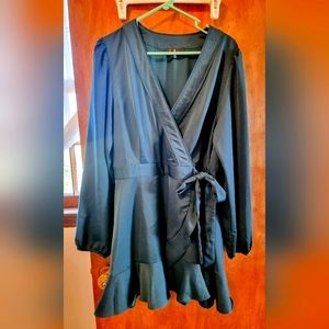 Lulus deep blue green satin mini wrap  long sleeve dress XL worn once
